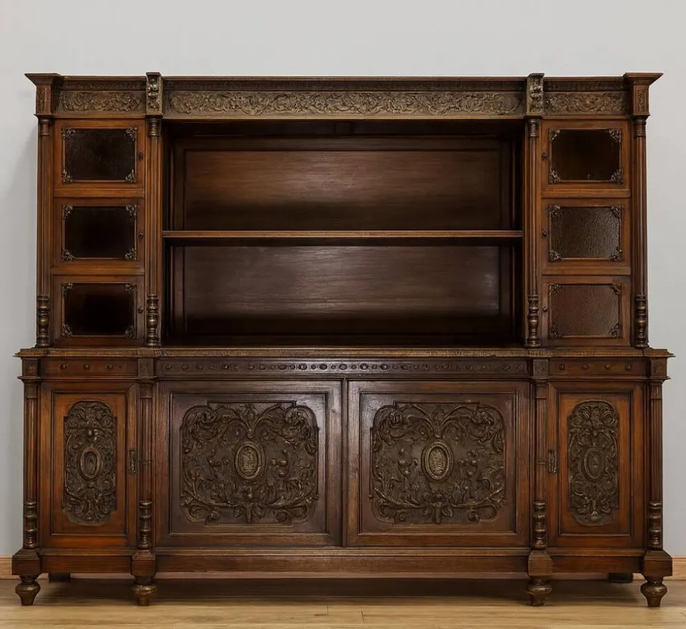 Buffet vaisselier style Renaissance, entièrement réalisé en noyer et richement sculpté