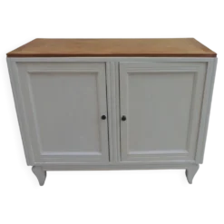 Buffet vintage beige en bois, plateau chêne – meuble ancien campagne chic