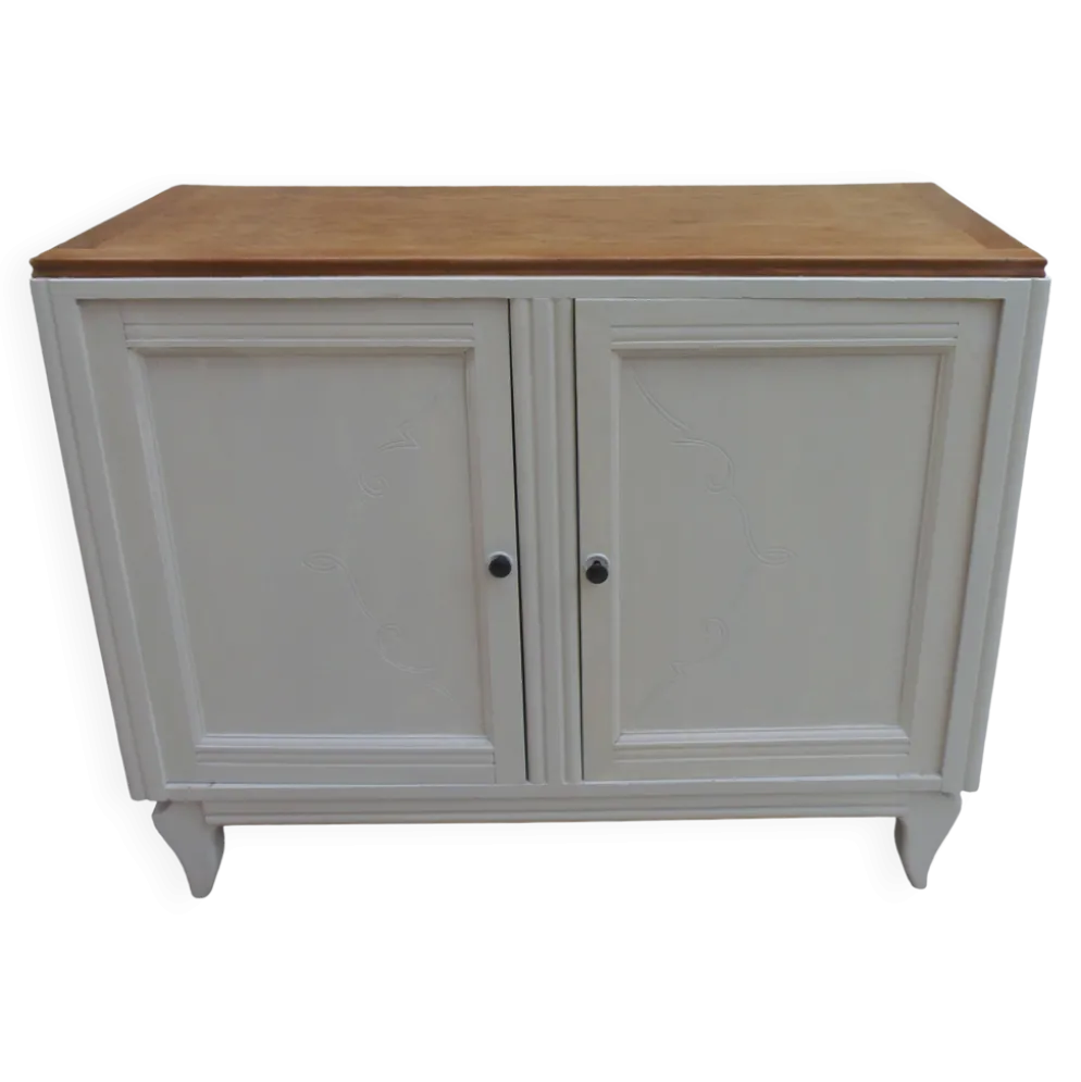 Buffet vintage beige en bois, plateau chêne – meuble ancien campagne chic