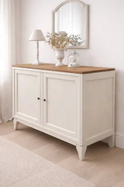 Buffet vintage beige en bois, plateau chêne – meuble ancien campagne chic