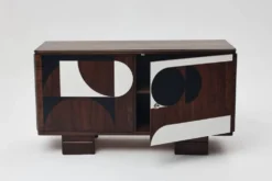 Buffet vintage des années 1950, moderniste, en noyer, motif géométrique Op Art.