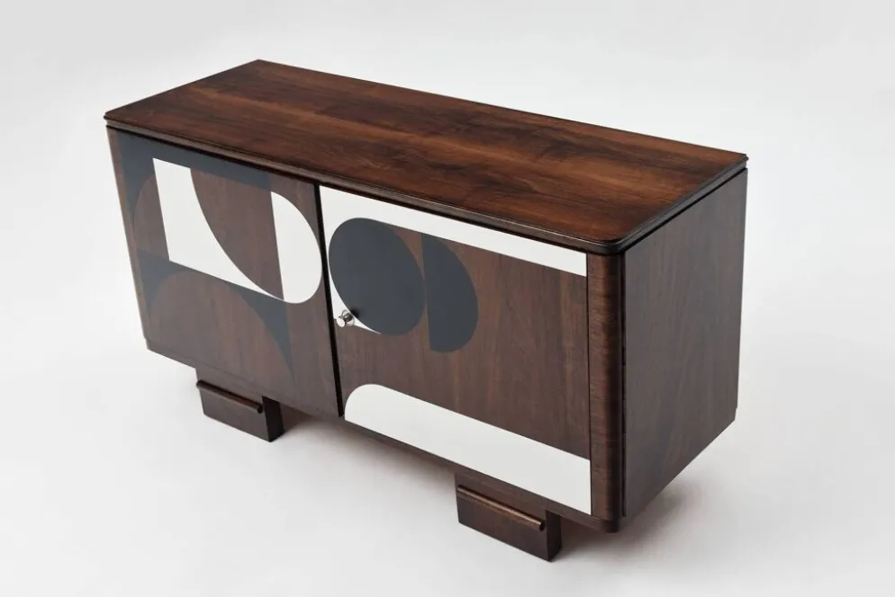 Buffet vintage des années 1950, moderniste, en noyer, motif géométrique Op Art.