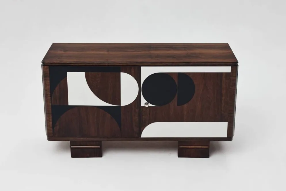 Buffet vintage des années 1950, moderniste, en noyer, motif géométrique Op Art.