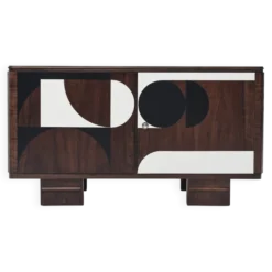Buffet vintage des années 1950, moderniste, en noyer, motif géométrique Op Art.