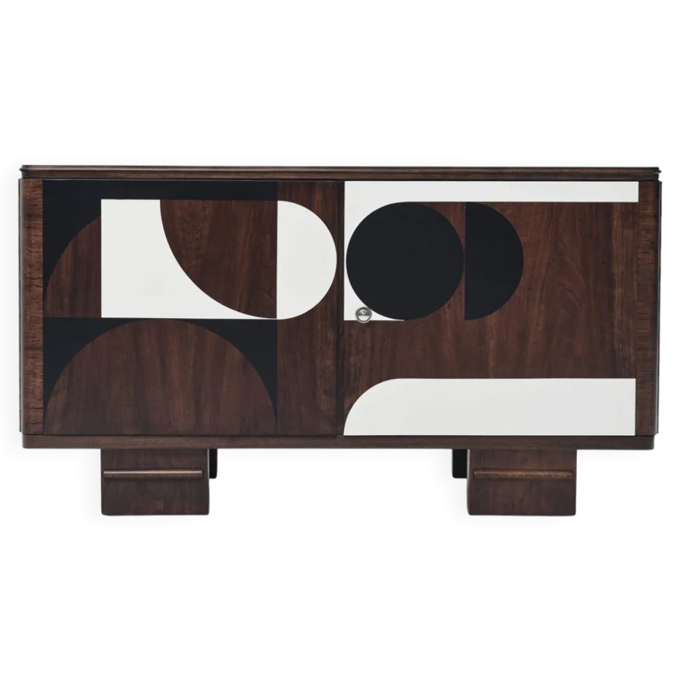 Buffet vintage des années 1950, moderniste, en noyer, motif géométrique Op Art.
