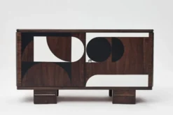 Buffet vintage des années 1950, moderniste, en noyer, motif géométrique Op Art.