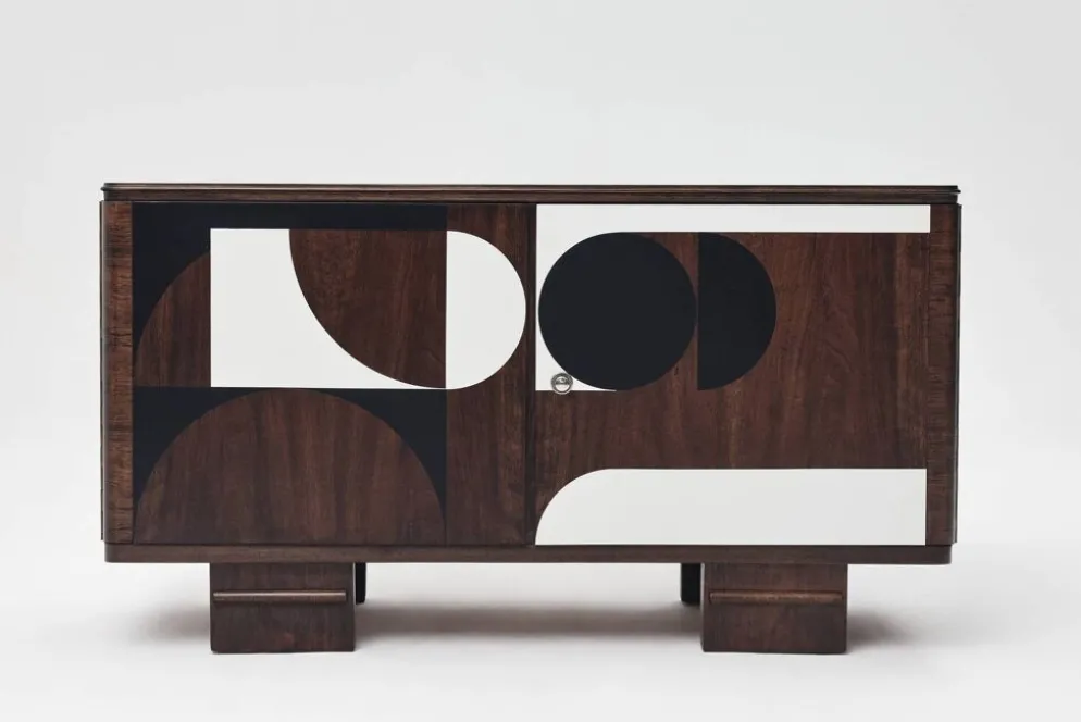 Buffet vintage des années 1950, moderniste, en noyer, motif géométrique Op Art.