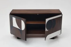 Buffet vintage des années 1950, moderniste, en noyer, motif géométrique Op Art.