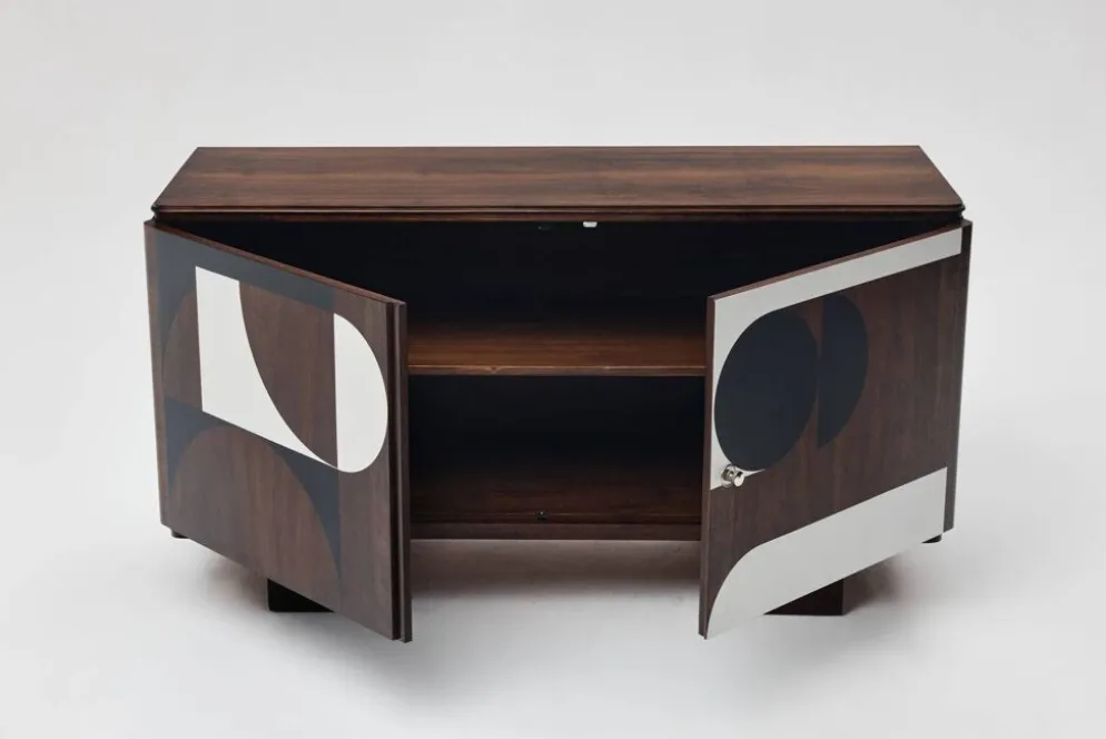 Buffet vintage des années 1950, moderniste, en noyer, motif géométrique Op Art.
