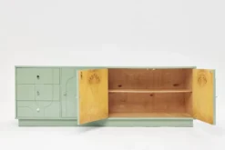 Buffet vintage des années 1970, vert pastel, relief, finition brillante, chrome