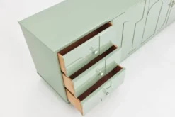 Buffet vintage des années 1970, vert pastel, relief, finition brillante, chrome