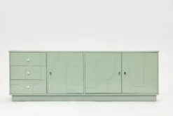 Buffet vintage des années 1970, vert pastel, relief, finition brillante, chrome