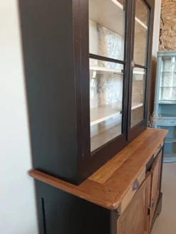 Buffet vitré, vaisselier, bibliothèque ancienne Noir et Bois naturel