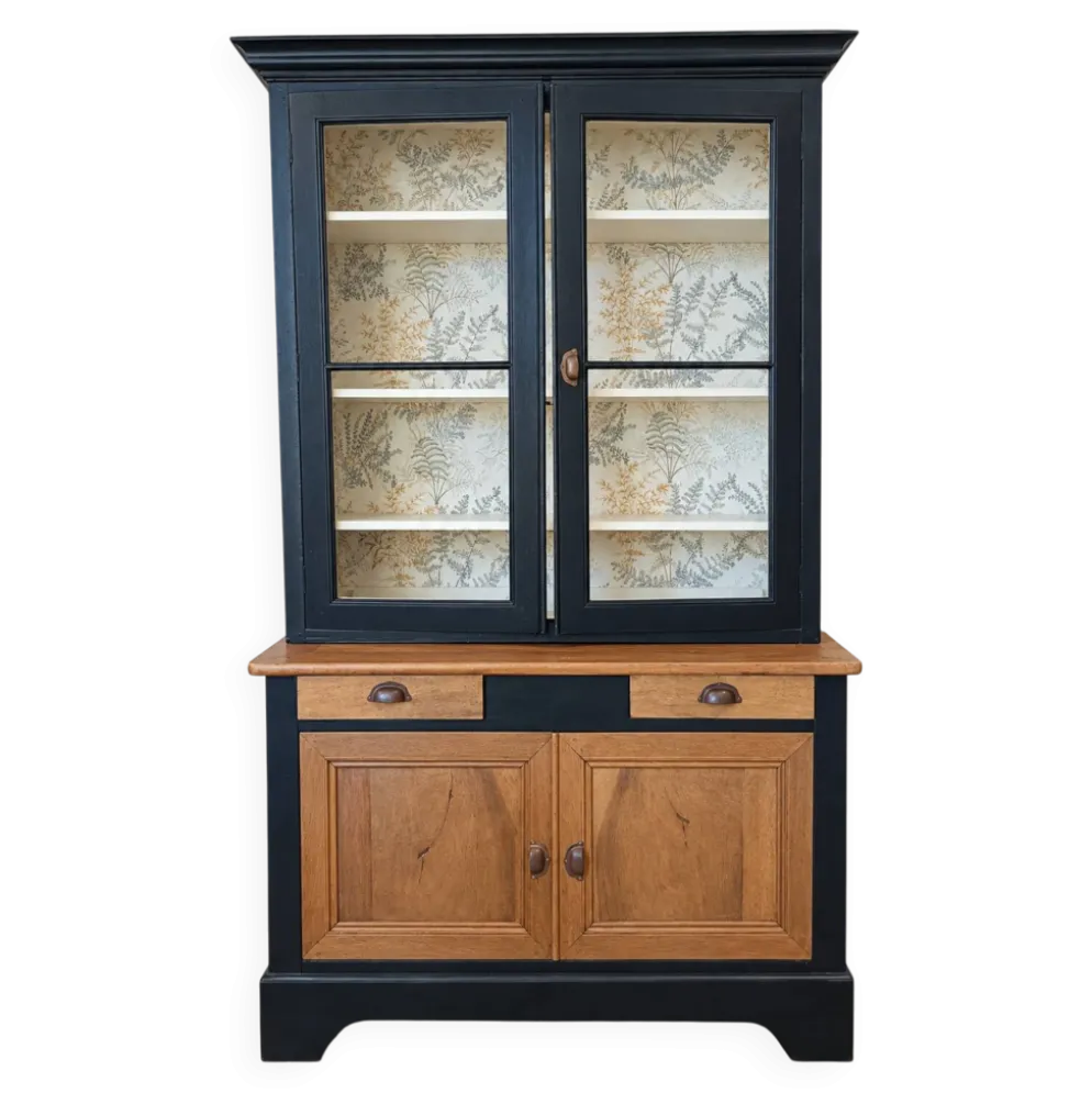 Buffet vitré, vaisselier, bibliothèque ancienne Noir et Bois naturel