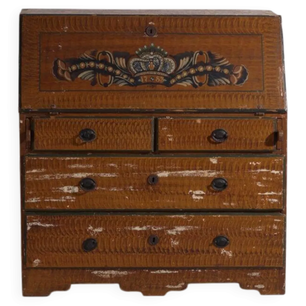 Bureau abattant suédois peint ancien – meuble folk scandinave – année 1783