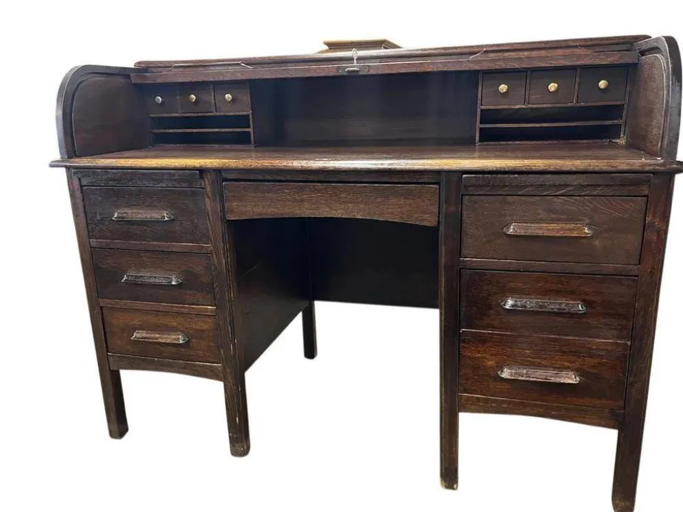 Bureau américain vintage en bois avec volet roulant