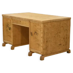 Bureau anglais en loupe de bouleau marqueterie en motif d’abeille 1950’s