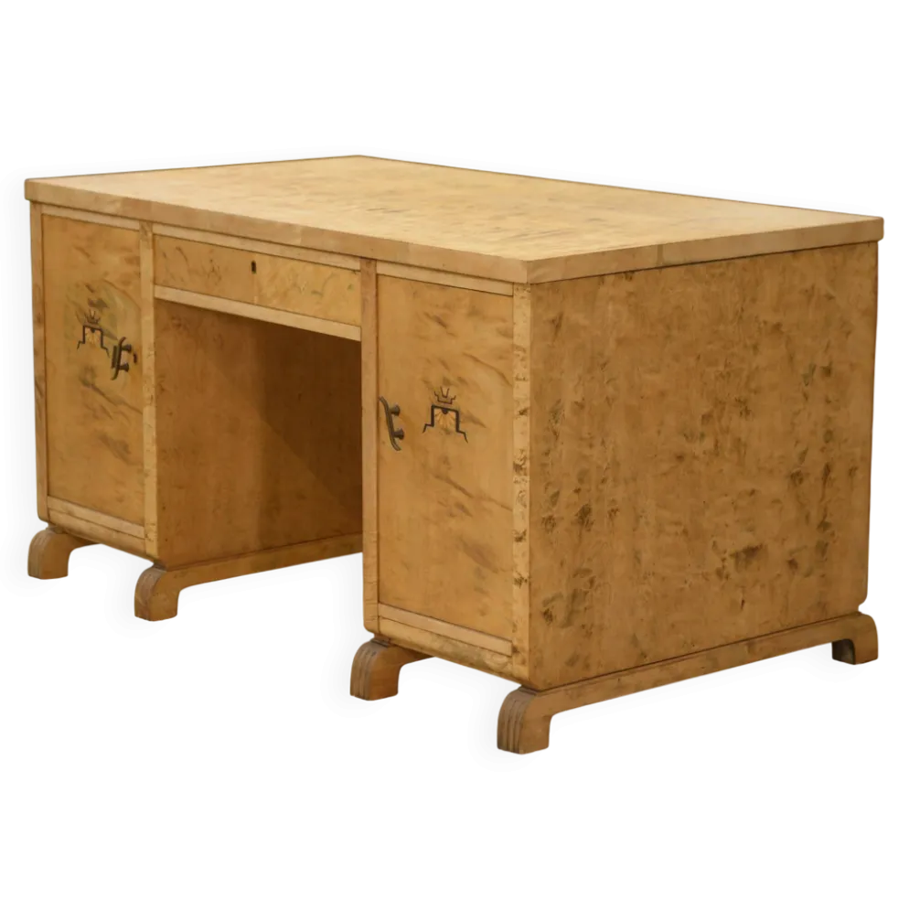 Bureau anglais en loupe de bouleau marqueterie en motif d’abeille 1950’s