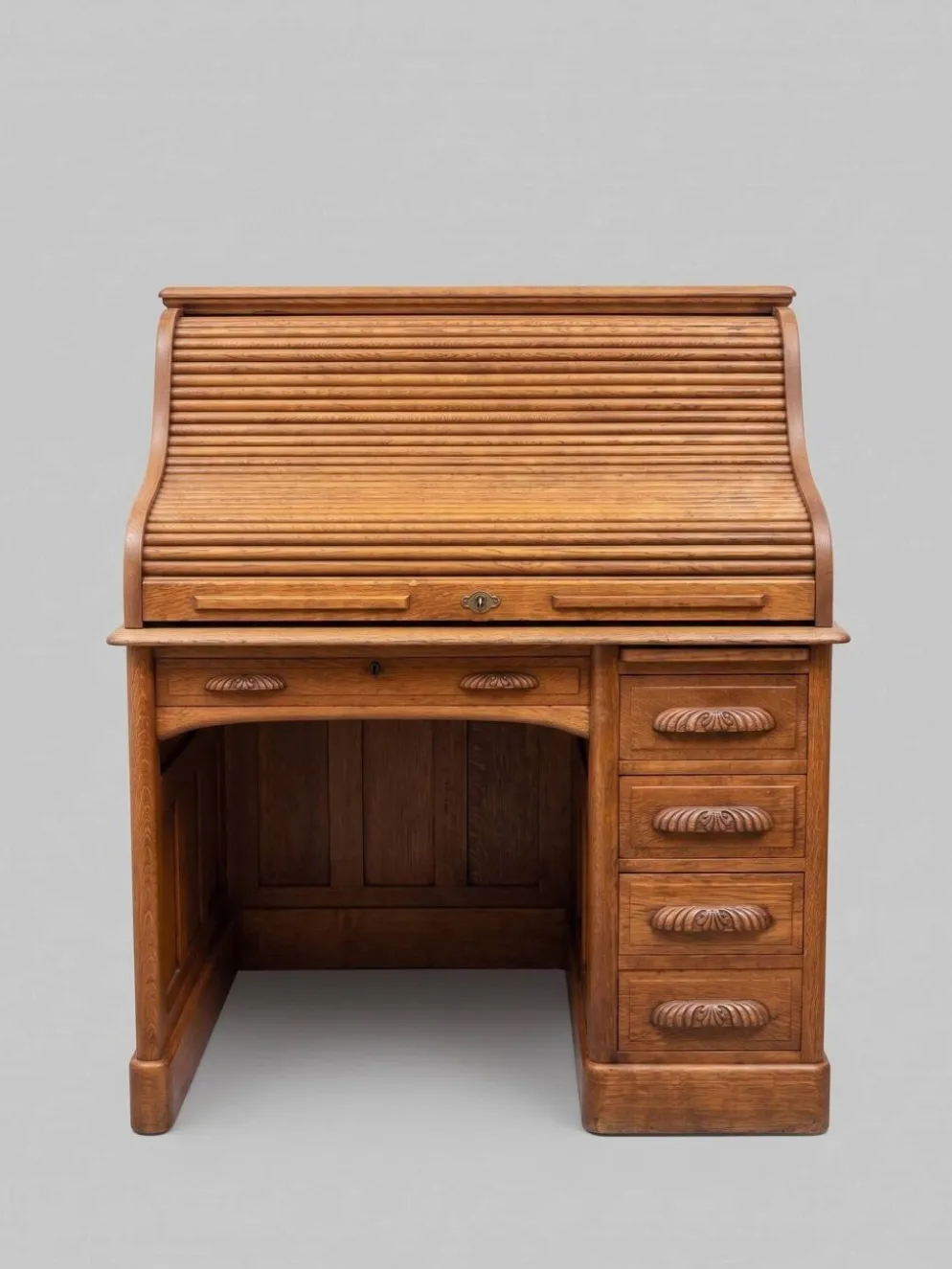 Bureau chêne avec volet coulissant et chaise bois cuir