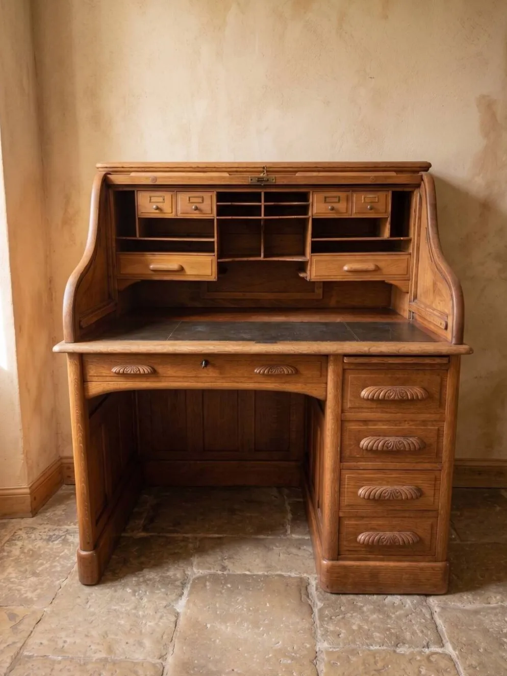 Bureau chêne avec volet coulissant et chaise bois cuir