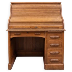 Bureau chêne avec volet coulissant et chaise bois cuir