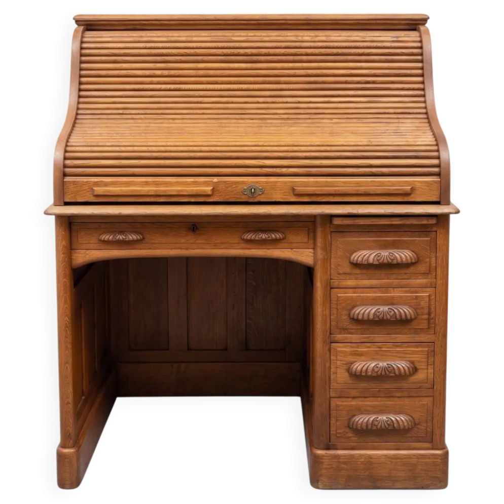 Bureau chêne avec volet coulissant et chaise bois cuir