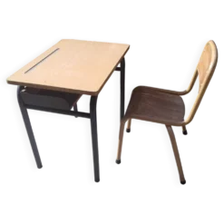 Bureau écolier vintage années 70 avec chaise et casier à cartable Métalbois