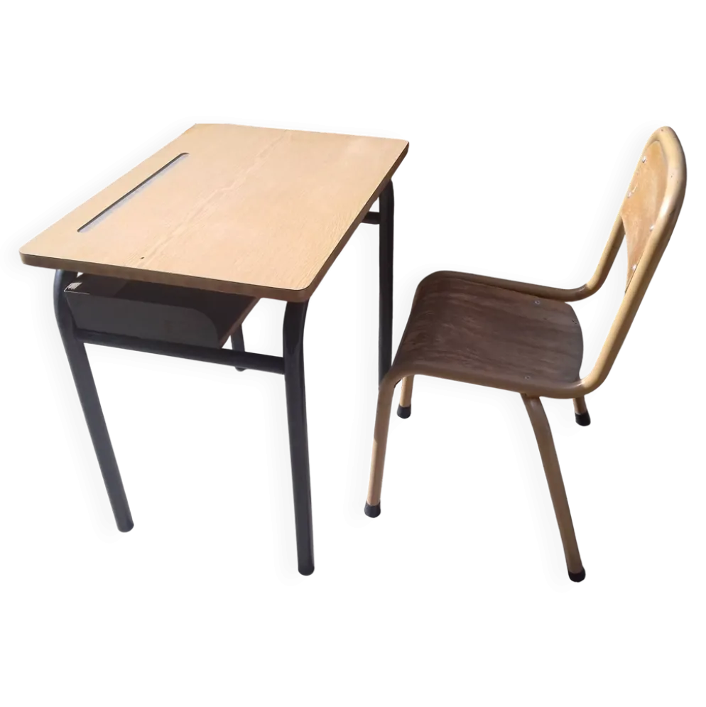 Bureau écolier vintage années 70 avec chaise et casier à cartable Métalbois
