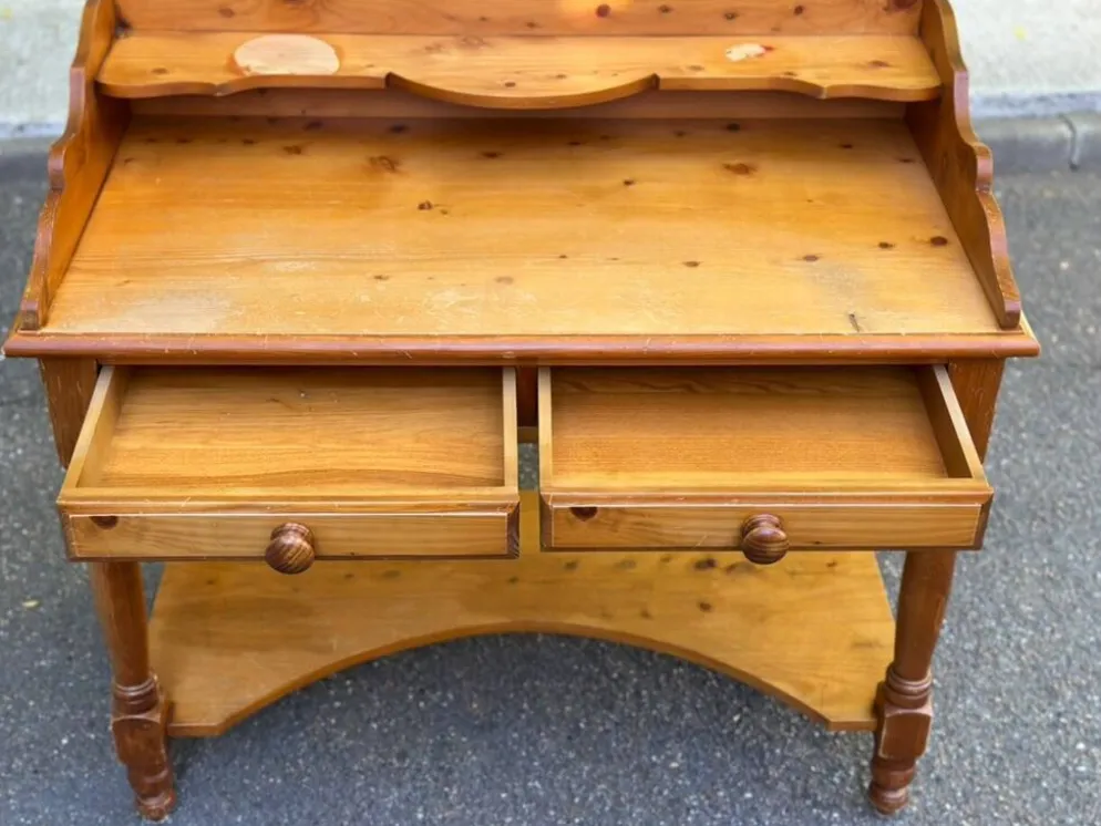 Bureau Console Vintage en Pin Massif avec Surmeuble Amovible 1980