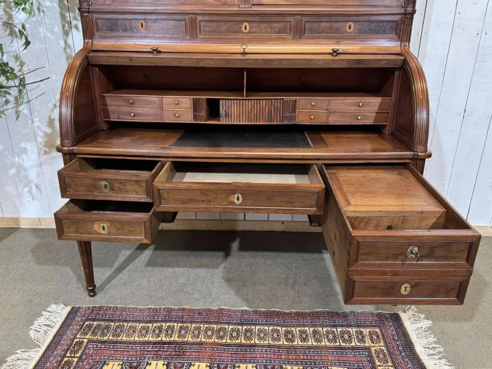 Bureau à cylindre bibliothèque époque Louis XVI en acajou et noyer