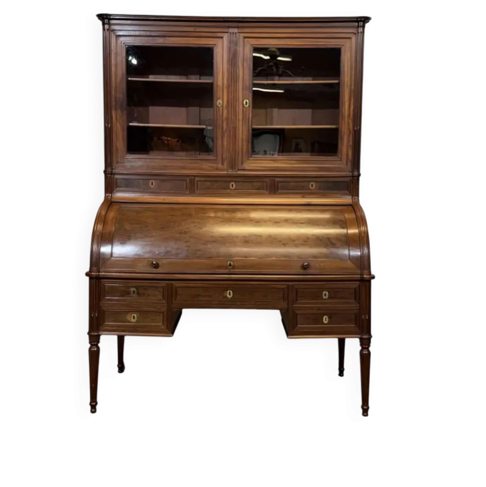 Bureau à cylindre bibliothèque époque Louis XVI en acajou et noyer