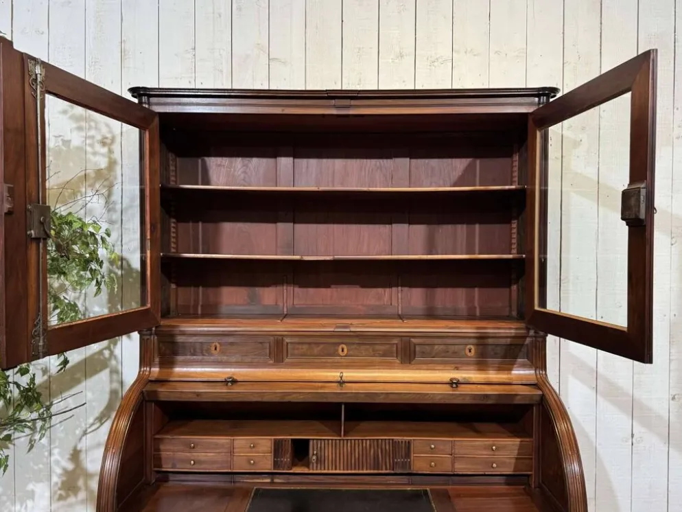 Bureau à cylindre bibliothèque époque Louis XVI en acajou et noyer