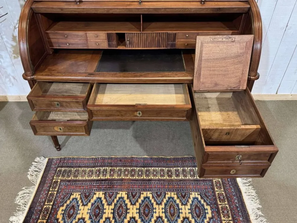 Bureau à cylindre bibliothèque époque Louis XVI en acajou et noyer