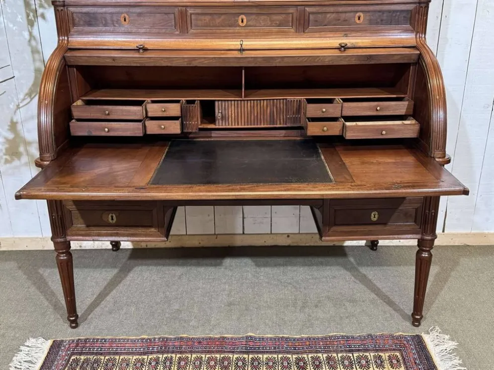 Bureau à cylindre bibliothèque époque Louis XVI en acajou et noyer