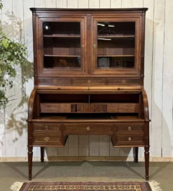 Bureau à cylindre bibliothèque époque Louis XVI en acajou et noyer