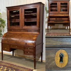Bureau à cylindre bibliothèque époque Louis XVI en acajou et noyer