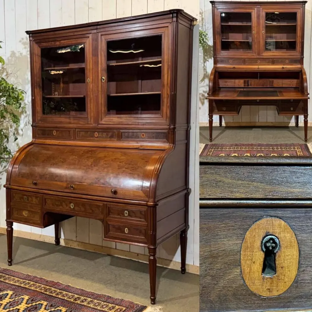 Bureau à cylindre bibliothèque époque Louis XVI en acajou et noyer