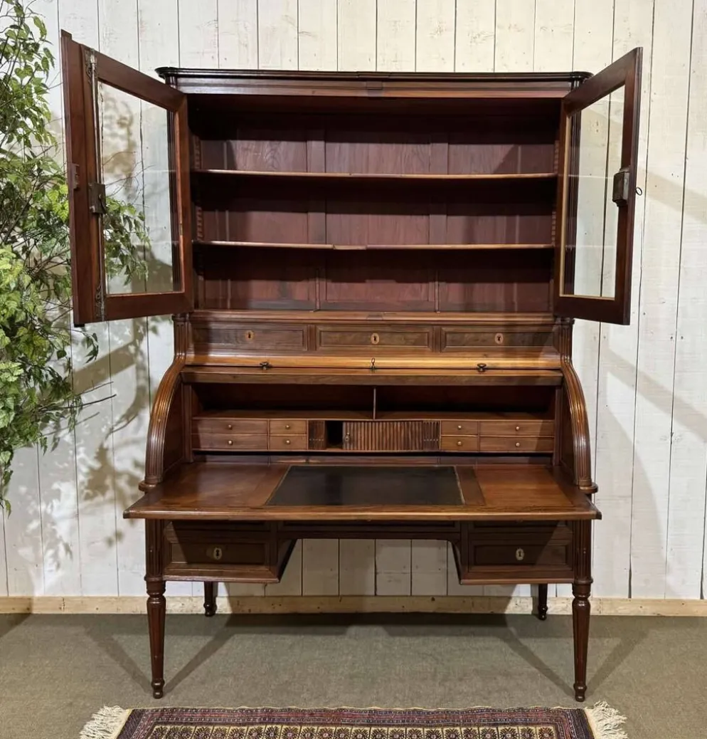 Bureau à cylindre bibliothèque époque Louis XVI en acajou et noyer