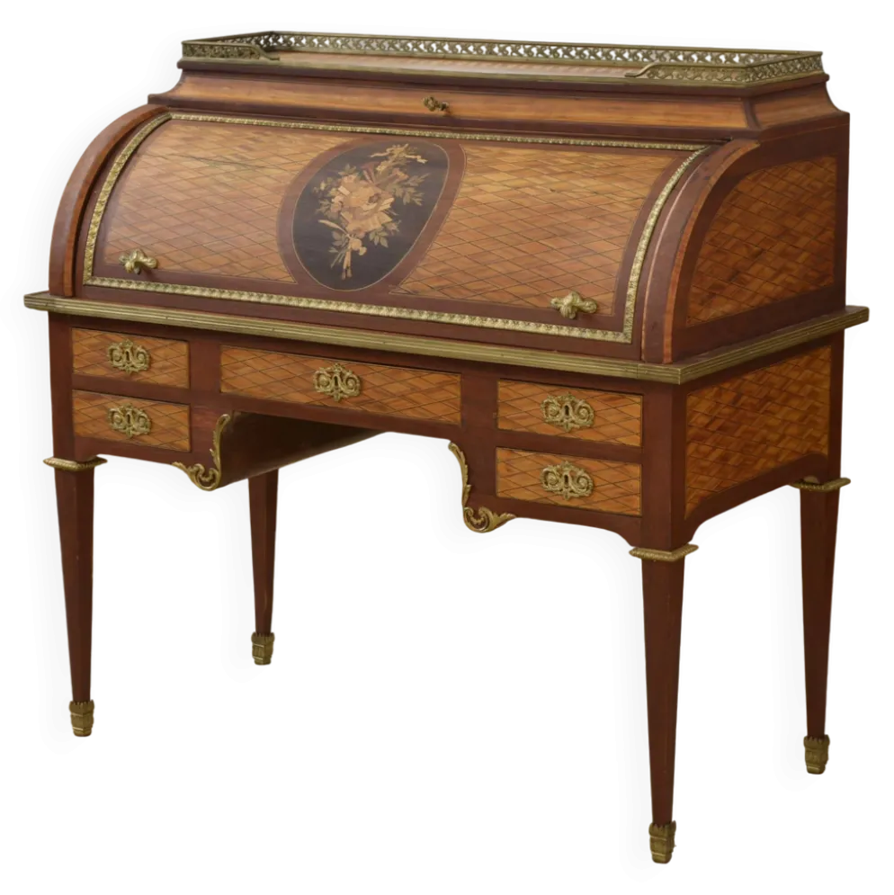 Bureau à cylindre de style Louis XVI en marqueterie époque Napoléon III