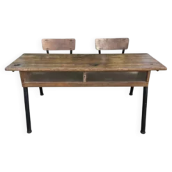 bureau d'école double avec chaises intégrées (ou pupitre d'écolier double)