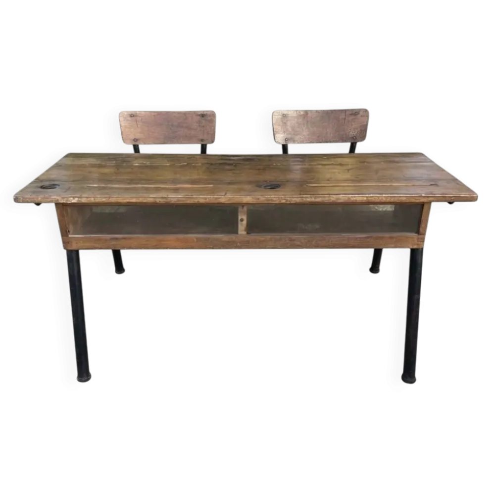 bureau d'école double avec chaises intégrées (ou pupitre d'écolier double)