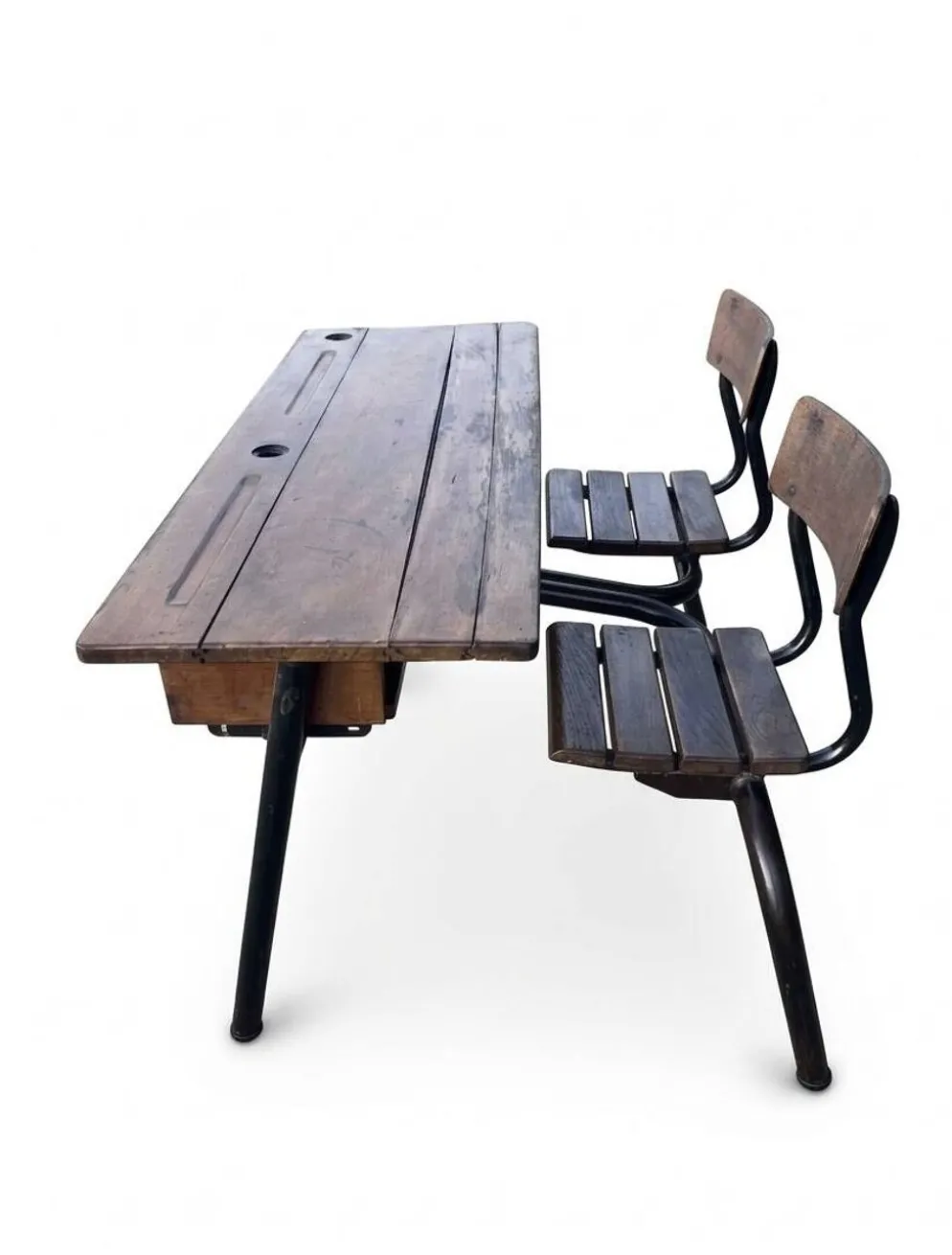 bureau d'école double avec chaises intégrées (ou pupitre d'écolier double)
