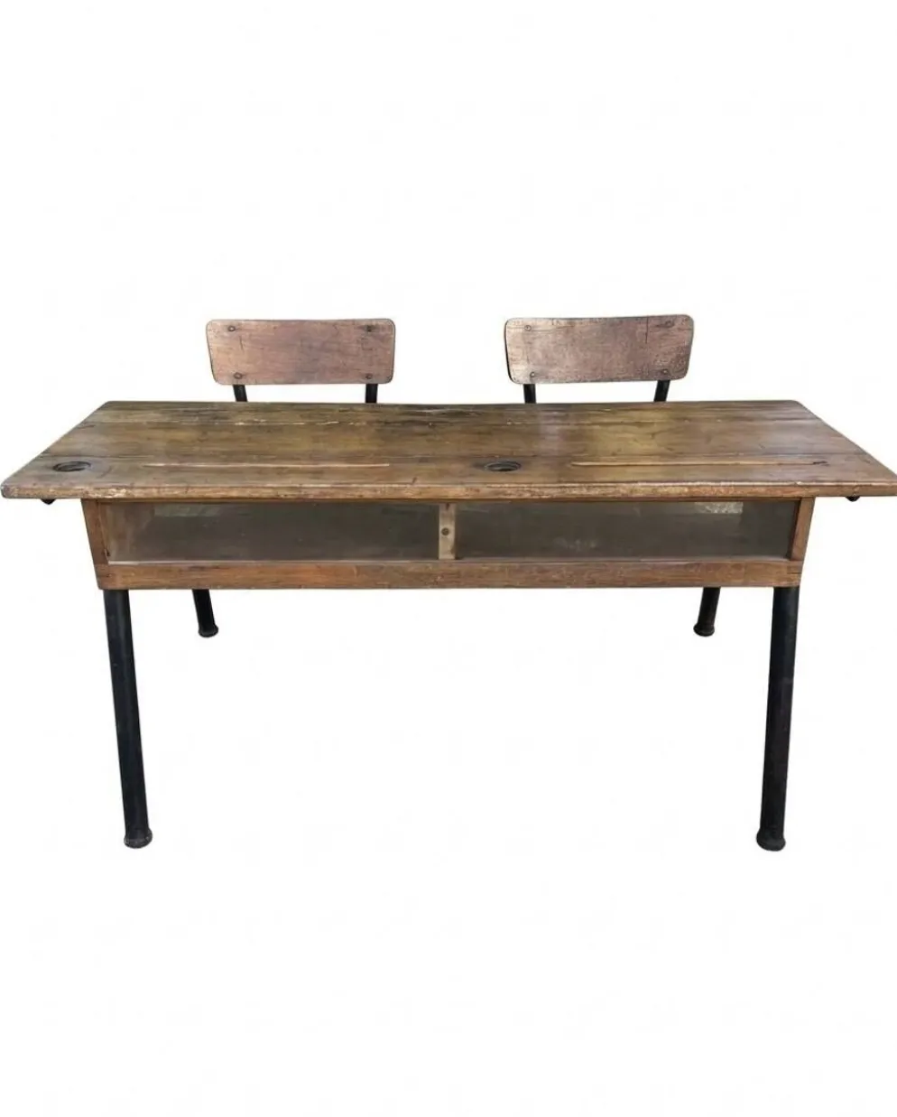 bureau d'école double avec chaises intégrées (ou pupitre d'écolier double)