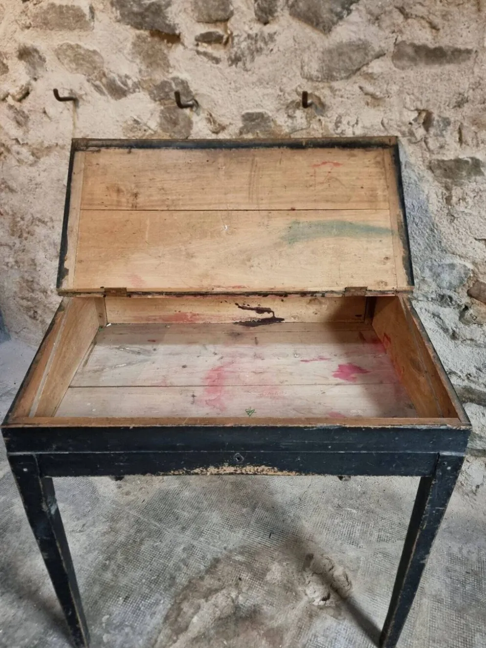 Bureau d'école français ancien, bureau d'écriture noir, bureau à abattant, vers 1900