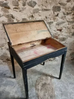 Bureau d'école français ancien, bureau d'écriture noir, bureau à abattant, vers 1900