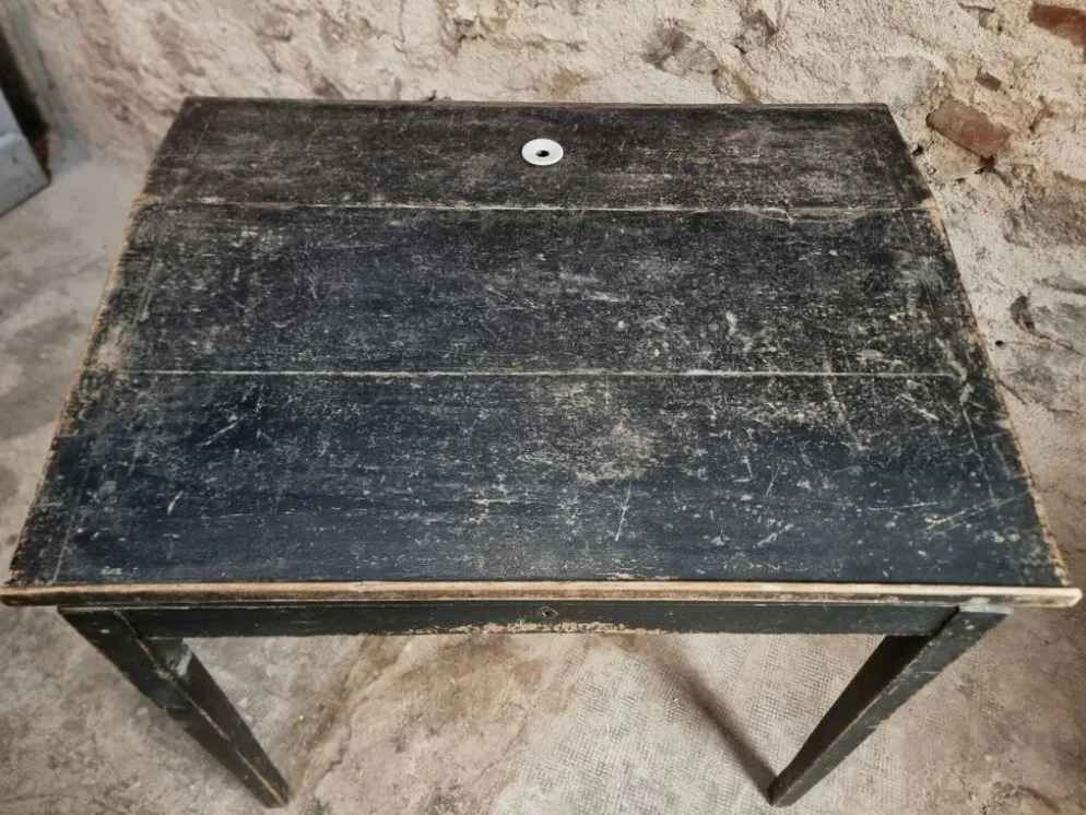 Bureau d'école français ancien, bureau d'écriture noir, bureau à abattant, vers 1900