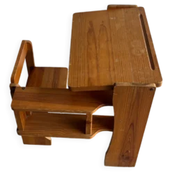 Bureau d’école pliant vintage en bois avec banc – années 1960