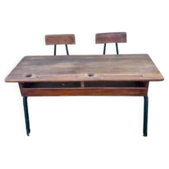 Bureau d’écolier double vintage en bois et métal tubulaire noir – Années 60