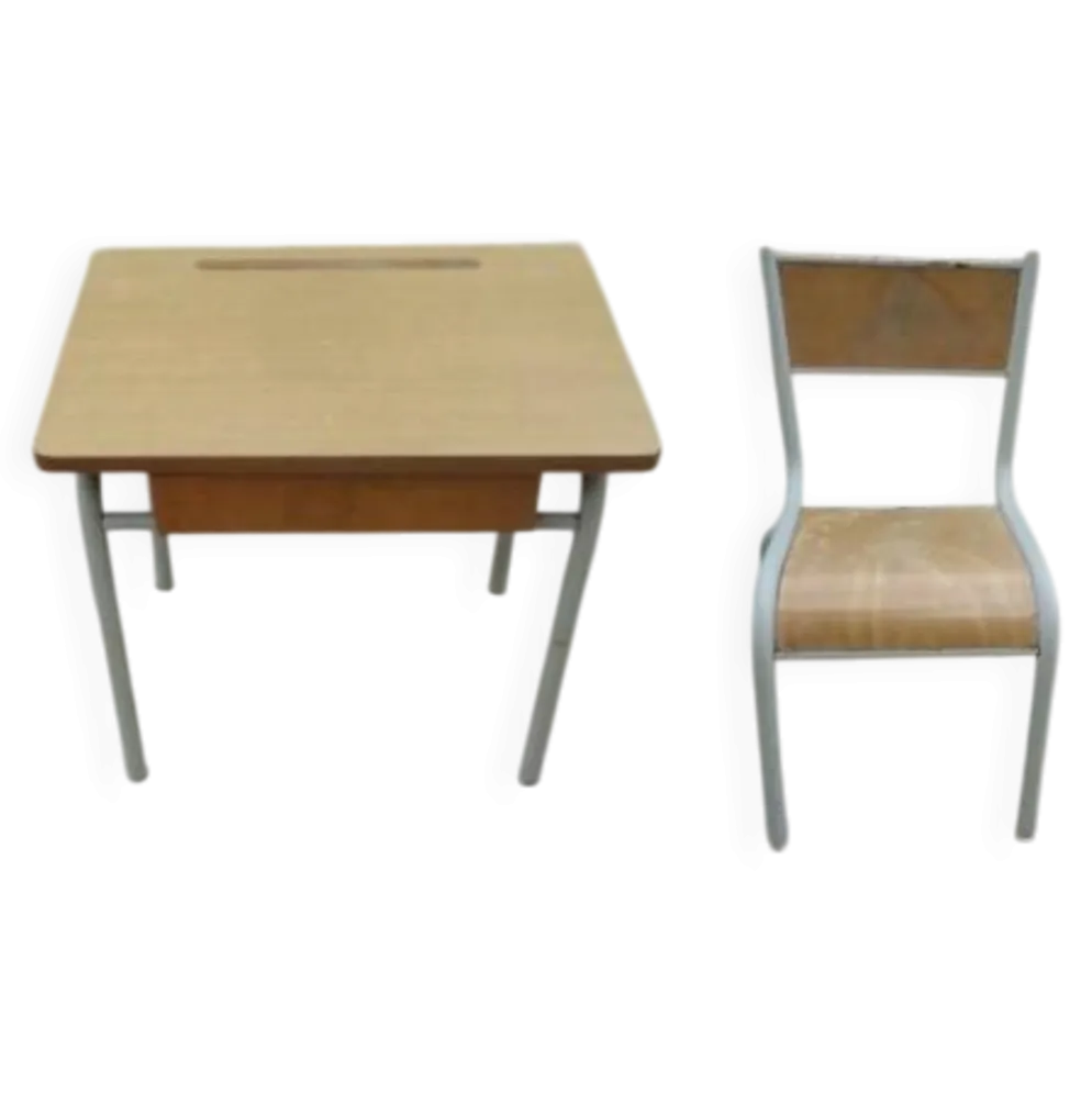 Bureau d’écolier et sa chaise assortie, année 70