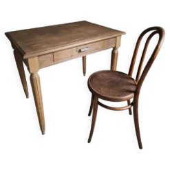 Bureau d'écriture français vintage en chêne avec chaise bistrot en hêtre, vers 1930
